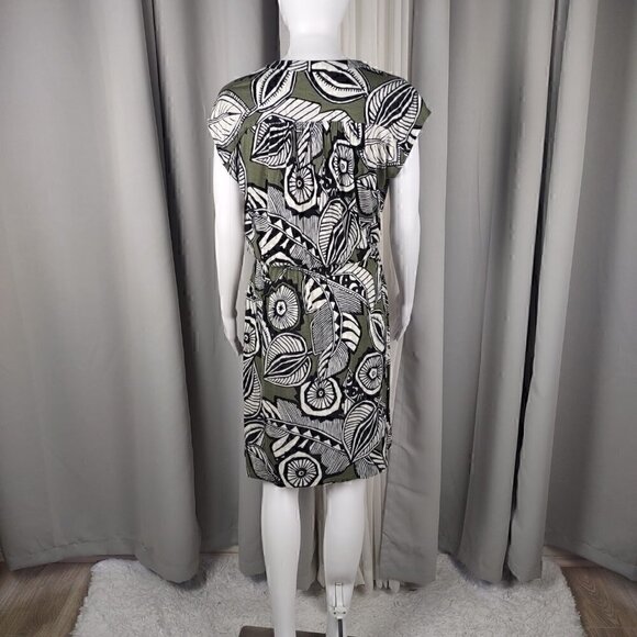 LOFT Ann Taylor Olive/Black/Off White V Neck Floral Drawstring Waist Dress Sz S - Picture 2 of 7